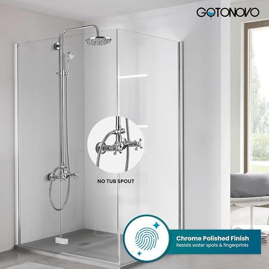 gotonovo Exposed Shower System 8’’ Head with Handheld Polished Chrome | Brass Exposed Bathroom Shower Faucet Set Fixture,6’’ Hole Distance,2 Cross Handle,Adjustable Height,Wall Mount Indoor/Outdoor