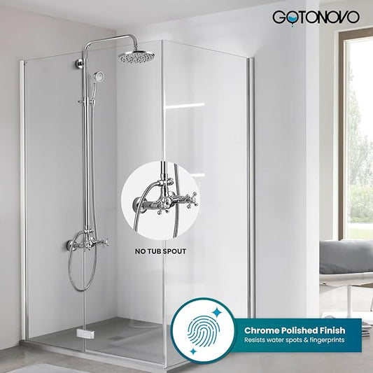 gotonovo Exposed Bathroom Shower Faucet Set Shower Fixture 8 Inch Rainfall Shower Head Handheld Shower Cross Handle Wall Mount 2 Functions Polished Chrome