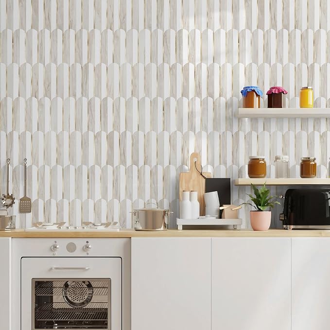 Vamos Tile Peel and Stick Backsplash Seamless Tile for Kitchen and Bathroom,1-Sheet White and Glossy Wooden Marble PVC Mixed Light Gold Self Adhesive Fish Scale Metal Mosaic Tiles