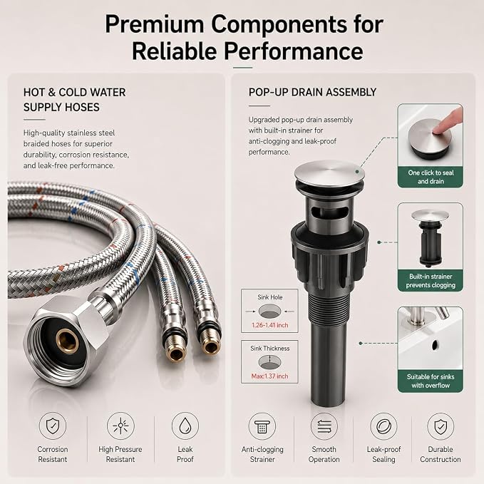 VOTON Waterfall Bathroom Faucet, Brushed Nickel 1-Hole with Deck & Drain | | SUS304 Stainless Steel | Rust-Resistant | Waterfall Flow