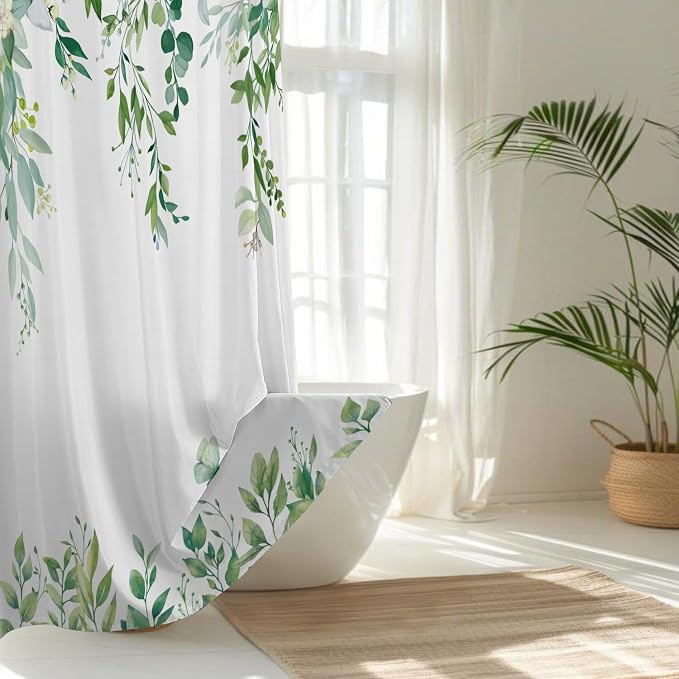 Light Green Floral Eucalyptus Shower Curtain with Hooks, 72x72 Inch | Waterproof Fabric, Watercolor Leaves and Floral, Botanical Style, Machine Washable, Quick-Drying, for Hotel Bathroom