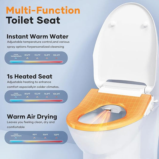 Smart Bidet Toilet Seat, Elongated, Heated, Auto Lid | uto Open/Close Lid, Instant Warm Water, Warm Air Dryer, Feminine & Rear Wash, Self-Cleaning Nozzles, Nightlight, LED Display