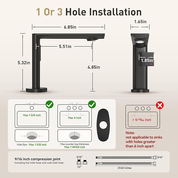 Modern Single Hole Bathroom Faucet | 5.3" Matte Black Luxury Vessel Sink Faucet with Solid Brass Body, Spot-Free Finish & Anti-Splash Design | Premium Ceramic Valve, 2 Pack | 1 or 3 Hole