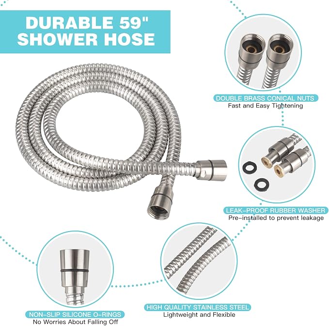 JDO Handheld Shower Head, 6 Spray Settings, Brushed Nickel Finish | High-pressure flow, detachable design, stainless steel hose & bracket, universal bathroom connection