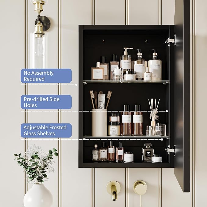 AGDULL Victorian Medicine Cabinet with Arch Mirror, Overall 16.5"x 24" | Surface Mount or Recessed, 15.2" W x 19.6"H Wood Cabinet with 16.5" W x 24" H Arched Mirror, Black, Right-Swing Door