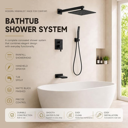 Shower System with Tub Spout, All Metal Black Bathtub Shower Faucet Set with High Pressure 10 Inch Rain Shower Head and Handheld Shower Head Set, Matte Black (Valve Include)
