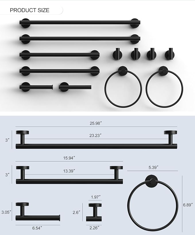 12 Pcs Matte Black Bathroom Hardware Accessories Set SUS304 Stainless Steel | Bath Towel Bar Set, Toilet Paper Holders, Towel Rings Racks, Robe Towel Hooks by HOMEMYSTIQUE