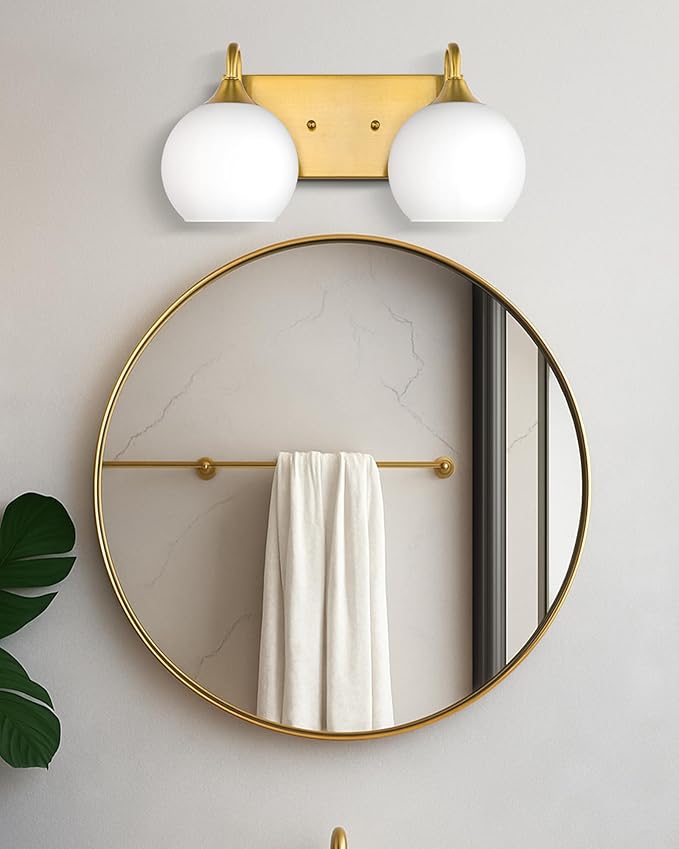 Emak Globe Bathroom Light Fixtures, Brushed Gold Vanity Lights with Milk Glass Shade, Modern 2-Light Wall Sconce for Bathroom, Mirror, VL118-BGD-ML-2