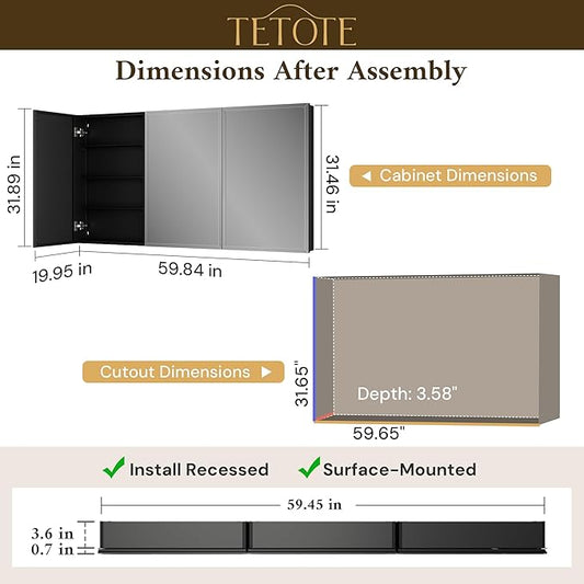 TETOTE 60 x 32 Medicine Cabinet with Tempered Beveled Mirror Black Aluminum Cabinet DTC Hinges, Stepless Adjustable Shelves, Recessed/Surface-Mounted