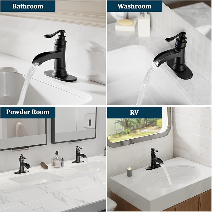 Matte Black Waterfall Bathroom Faucet Single Handle Bathroom Sink Faucet | 1 Hole or 3 Hole Sink Brass Waterfall Faucet for Vintage Antique Lavatory Washroom with Pop Up Drain Deck Plate by BATHLAVISH