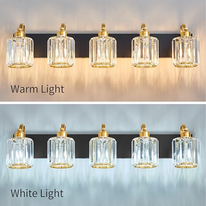 Black Gold Crystal Crooked Vanity Lights Over Mirror 5 Lights Bathroom Wall Lighting Fixtures with Round Shade (Exclude Bulb)