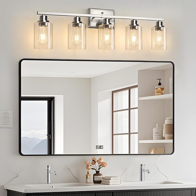 Modern Bathroom Light Fixtures, 5 Light Vanity Lights Over Mirror, Brushed Nickel Wall Lamp with Clear Glass for Living Room Cabinet Bedroom Porch