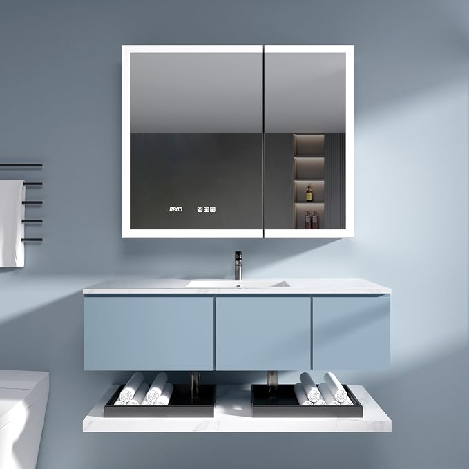LED Medicine Cabinet 24x30 Anti-Fog Mirror Dimmable Recessed Mount | 3 Color Dimmable LED. Time Temp Display. Anti-Fog IP44. 2 Outlets+2 USB. Plug-in/Hardwired. Recessed/Wall Mount.