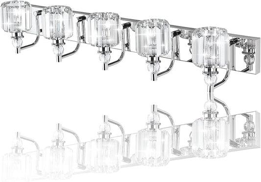 Ralbay Modern Crystal Vanity Lights 5 Light 40" Modern Crystal Bathroom Lights Fixtures Over Mirror Stainless Steel Chrome Vanity Light for Bathroom Wall Lights Fixtures