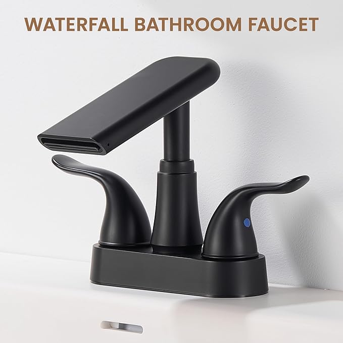 Matte Black Bathroom Faucet 4 Inch Centerset, Waterfall Plastic Bathroom Sink Faucet with Pop Up Drain & Overflow, Dual Handle 360° Swivel Spout, Fits 2 or 3 Hole Lavatory Sink, Modern Design