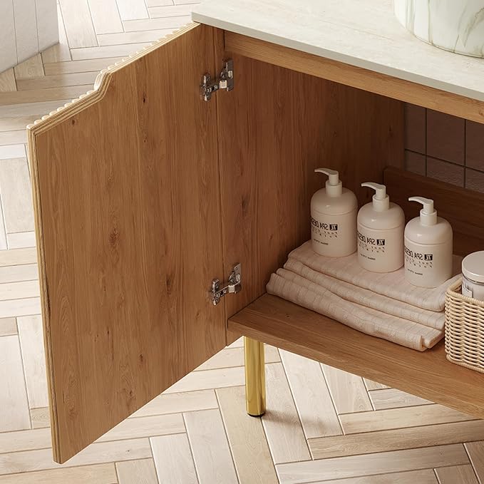 30" Bathroom Vanity with Sink, Modern Bathroom Storage Cabinet with White Round Ceramic Basin and Roma Travertine-Pattern Sintered Stone Countertop, 2 Soft Closing Door, Natural Wood
