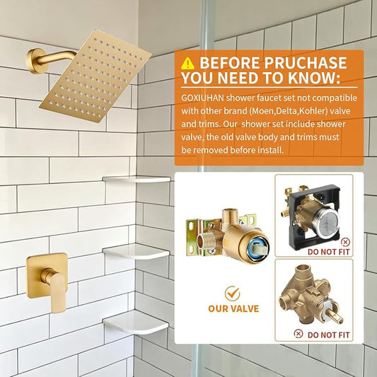 Brushed Gold Shower Faucet Single Function Trim Kit with Rough-in Valve Set Bath Rainfall Shower System 8inch Square Stainless Steel Metal Shower Head