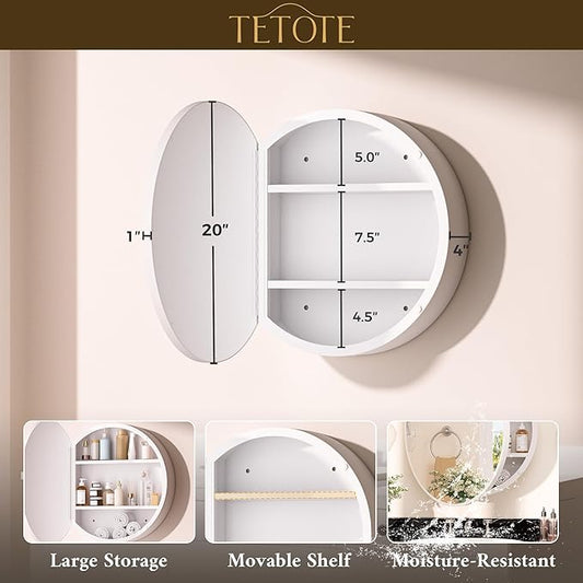 TETOTE 20 x 20 Inch Medicine Cabinet Mirror White Framed Round Mirrored Medicine Cabinets for Bathroom Adjustable Shelves Modern Bathroom Mirror with Storage Wall Mounted