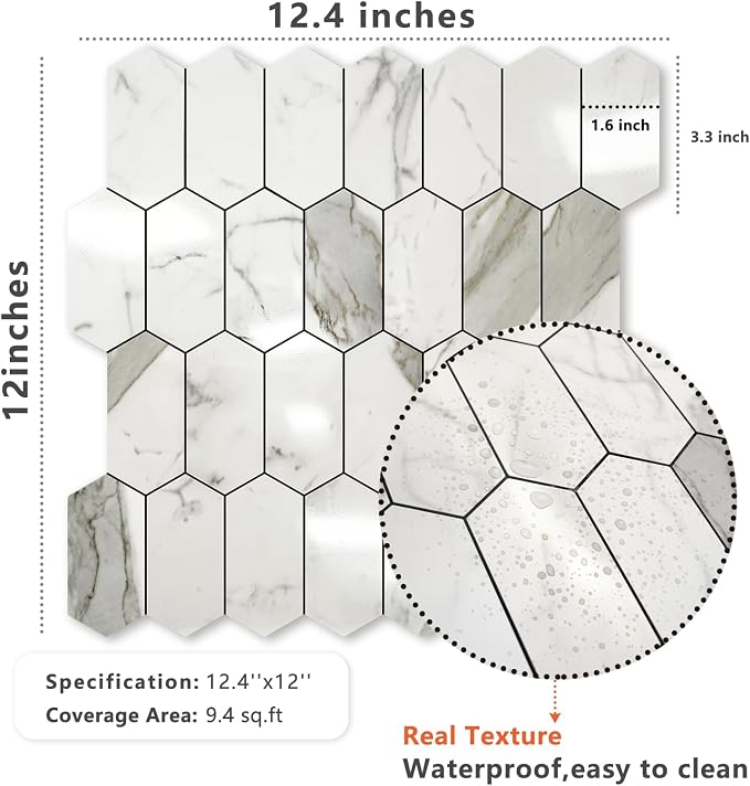Vamos Tile Long Hexagon Peel and Stick Backsplash Tile - 10 Sheets Stick on Backsplash for Kitchen and Bathroom 12.4 x 12 Inch Glossy Carrara White PVC Self Adhesive Mosaic Wall Tiles
