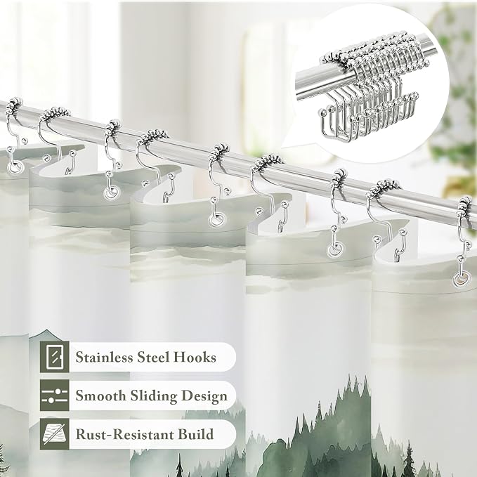 Litabel 3 in 1 Extra Long Dark Green Forest Shower Curtain Set-72 W x 84 H, Modern Spring Shower Curtain and Waterproof Fabric PEVA Liner Set with 12 Stainless Steel Hooks