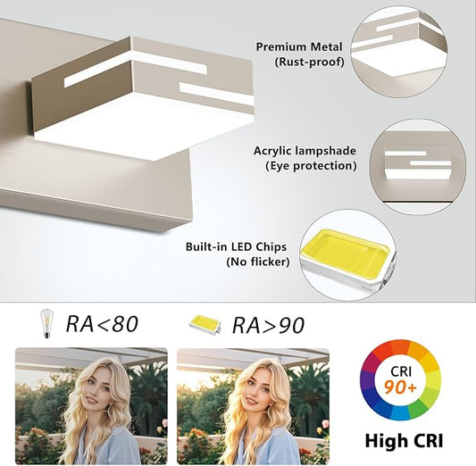 LED Modern Bathroom Vanity Light Fixtures, Dimmable Brushed Nickel Vanity Lights for Bathroom Lighting Fixtures Over Mirror, with 360° Rotatable Acrylic Heads 3-Light 22-inch (Cool White 6000K)
