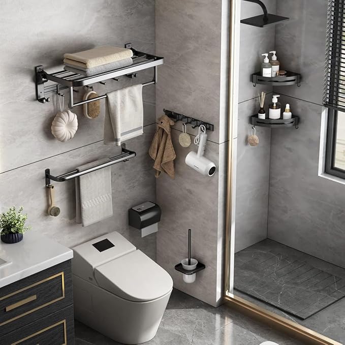 Towel Rack Wall Mount for Bathroom with Towel Bar and Hooks 23.6 in Foldable Towel Shelf Lavatory Towel Organizer Matte Black