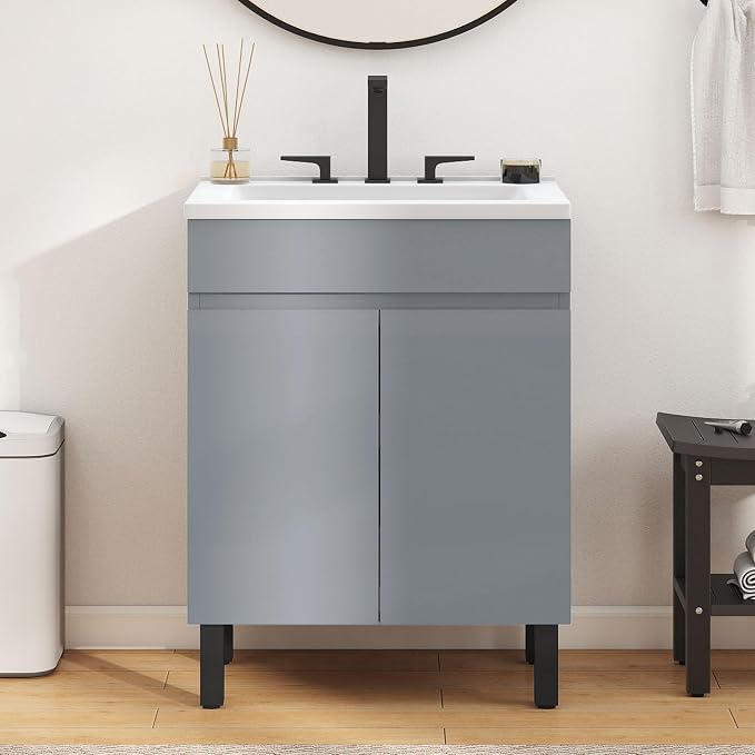 DWVO 24 Inch Grey Bathroom Vanity with Undermount Sink | Small Bathroom Sink Cabinet, Modern Bathroom Storge Vanity Includes Adjustable Legs, 2 Large Soft Closing Doors & Drain