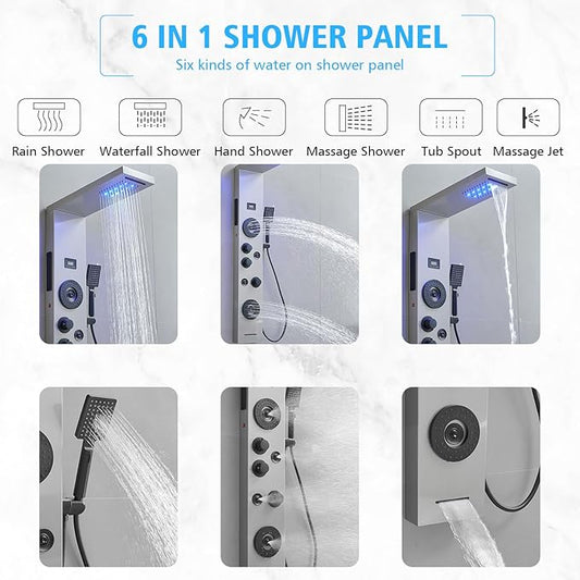 BWE Stainless Steel Shower Panel Tower System,LED Rainfall Waterfall Shower Head,4 Massage Body Jets,3 Functions Handhels Shower and Waterfall Tub Spout,Wall Mounted Shower Panel with Temp Display