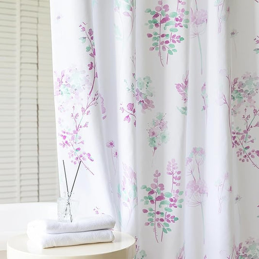 Lavender Purple and White Small Stall Shower Curtain,Waterproof Fabric Lilac and Sage Green Cottagecore Girls Shower Curtains for Bathroom Set with Hooks 36x72
