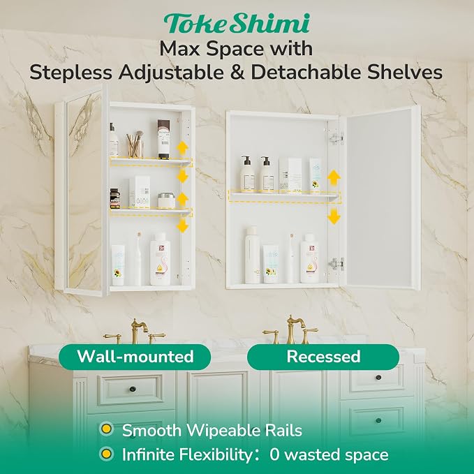14 x 18 White Recessed Medicine Cabinet with Mirror, Assembly Required, Medicine Cabinet for Bathroom, Stepless Adjustable Shelves, Beveled Aluminum Frame, DTC Hinge