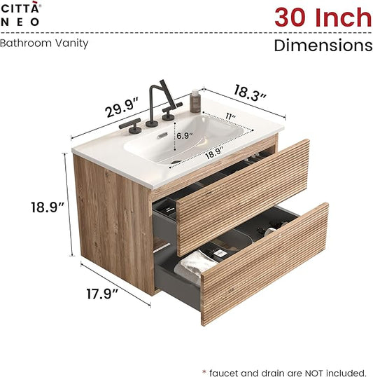 30" Floating Bathroom Vanity with Sink, Modern Wall Mounted Floating Vanity with Ceramic Sink, Double Soft-Close Drawers for Small Space, Apartment, Rough Oak