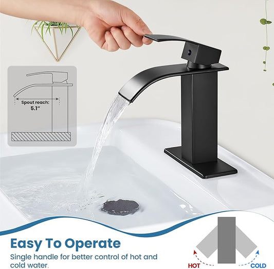 Airuida Matte Black Waterfall Bathroom Faucet, Single Handle Single Hole Bathroom Sink Faucet Deck Mount Mixer Tap with Deck Plate, Rv Lavatory Vanity Washbasin Faucet