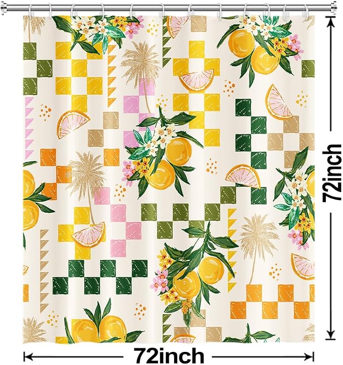 Yellow Lemon Shower Curtain with Hooks for Bathroom 72x72 Inch | Waterproof Summer Green and Pink Citru Fruits Shower Curtain Set, Soft Bathroom Decor, Machine Washable