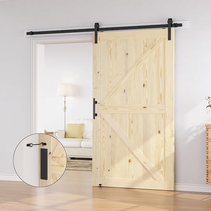 SMARTSTANDARD 48in x 84in Sliding Barn Door with 8ft Barn Door Hardware Kit Included, Unfinished Solid Spruce Wood Door, Assembly Required, DIY, Stainable, Natural | Unfinished Solid Spruce Wood Door, Assembly Required, DIY, Stainable, Natural