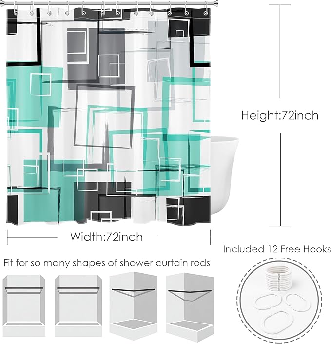 Teal Geometric Shower Curtain with Hooks Mid Century Modern Neutral Geometric Fabric Shower Curtain Modern Design Teal and Grey Pattern Abstract Bathroom Curtains Shower Set, 72Lx72W inches