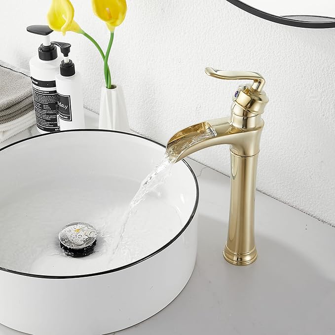 Brushed Gold Bathroom Faucet GGStudy Waterfall Bathroom Faucet Single Handle One Hole Tall Body Farmhouse Bathroom Vessel Sink Faucet Vanity Faucet Matching with Pop Up Drain