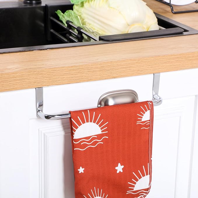 Patelai Over Cabinet Door Towel Bar, Metal Kitchen Rack,Silver | Hang Inside or Outside Cabinet for Hand Towels, No Drill Install, Bathroom Organizer, Saves Counter Space, Fits Doors