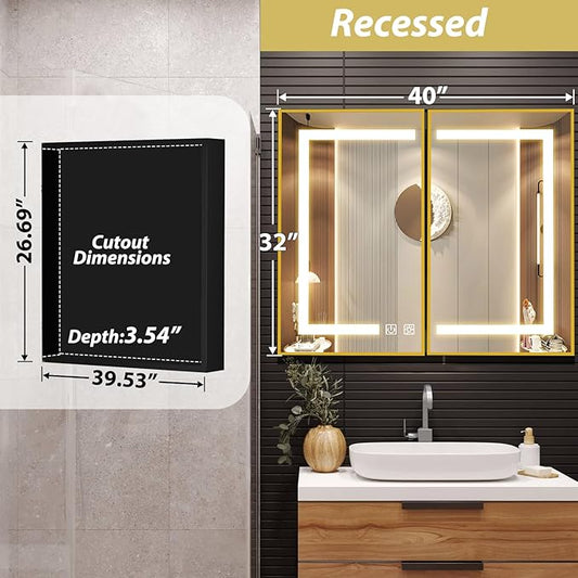 ROOMTEC Lighted Medicine Cabinet with Mirror 40"x32", Wall Mounted Bathroom Mirror with Storage, 2 Doors Bathroom Wall Cabinet with LED Lights,Gold