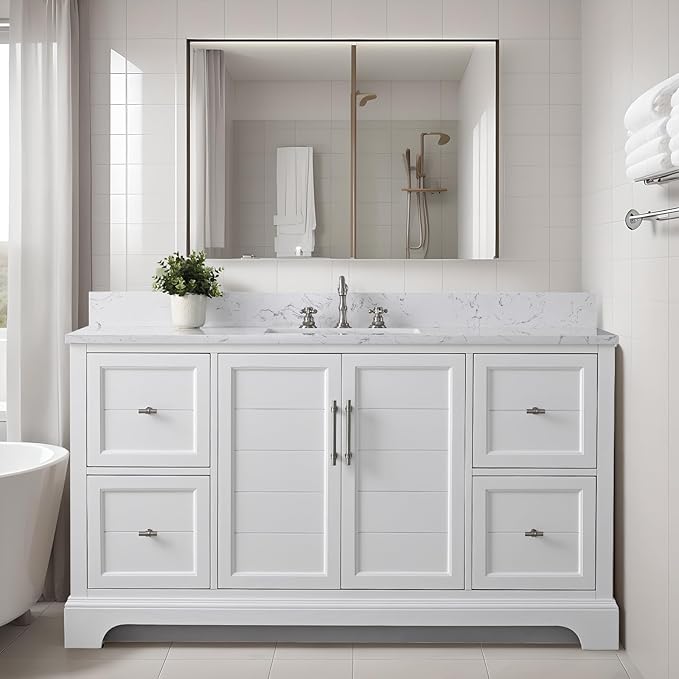 HOMEBEYOND 60 Inch Bathroom Vanity with Single Sink & Ceramic Top, Vanity Cabinet with Center Countertop Basin, Soft-Closing Doors, Backsplash, White