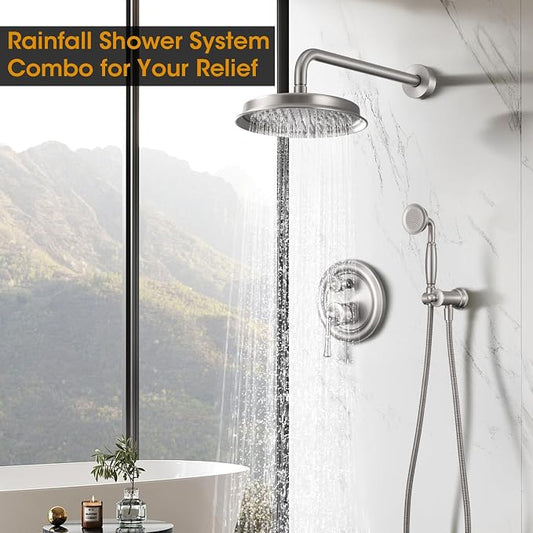 Shower System with Balance Pressure Valve, Antique, Luxury, Nickel | 9 Inch Shower Faucet Set, High Pressure Shower Head, Shower Valve and Trim Kit, Wall Mount, Bathroom, Handheld Spray