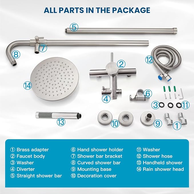 gotonovo 304 Stainless Steel Outdoor Shower Fixtures Exposed,Brushed Nickel | 8 Inch Rain Showerhead with Handheld Sprayer Outdoor Outside Shower Kit System Faucet Head Valve Wall Mount for Pool Backyard