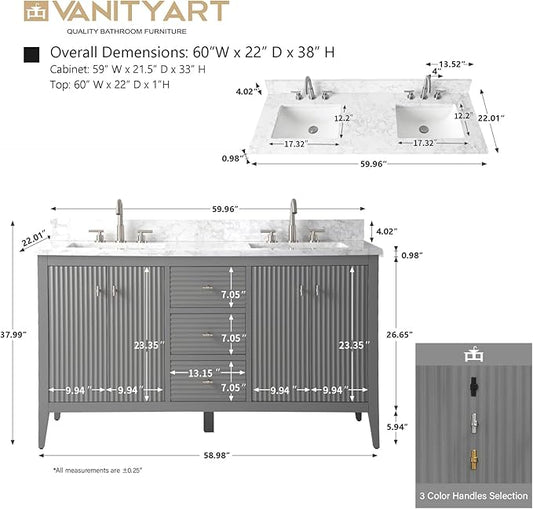 Vanity Art 60 inch Bathroom Vanity with Double Sink & Ceramic Top, Vanity Cabinet with Soft-Closing Door, Solid Wood Frame, Linear Pattern, Cashmere Gray, Golden Brushed Handware VA9160-DG-GB