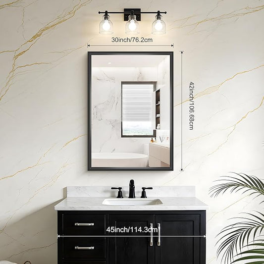 Bathroom Mirror, 42 x 30 Inch Brushed Black Rectangle Mirror, 0.6" Thickened Deep Frame Vanity Mirrors for Bathroom Sink, Shatterproof Tempered Glass, Antirust, Horizontally or Vertically
