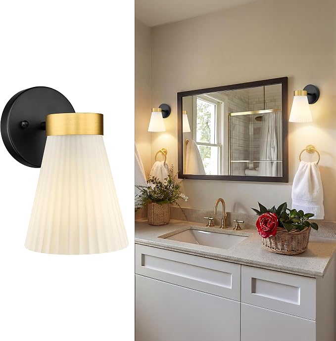 HWH 1-Light Bathroom Wall Sconce, Black and Gold, Modern, 5HZG97B BK+BG | Install Facing Up or Down, 5.9 x 7.3 x 9.4-Inch Fixture, E26 Bulb Max 60W, Bulb Not Included, Mounting Hardware Included