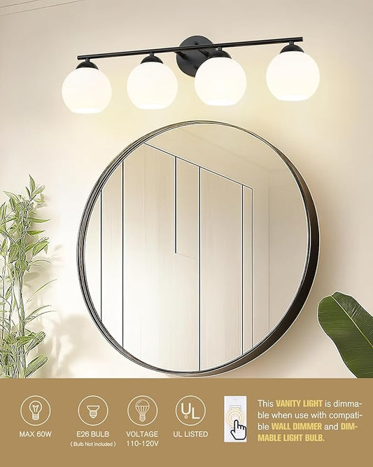 Emak 29 Inch Black Vanity Light with Milk Glass Shade, Farmhouse Globe Bathroom Light Fixtures Over Mirror, Modern 4-Light Bathroom Vanity Light, VL114-BK-ML-4