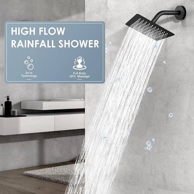 8 Inch Rain Shower Head Matte Black - All Metal Stainless Steel 304, Ultra Thin Design, Square Rainfall Showerheads Modern Bathroom - Full Body Coverage Bath Shower
