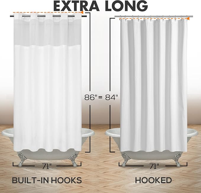 River Dream Extra Long No Hook Shower Curtain with Snap-in Liner, White | 71W x 86H, Snap on/off Waterproof PEVA Liner, See Through Top Window, Slub Textured, XL Hotel Style Shower Curtain Set
