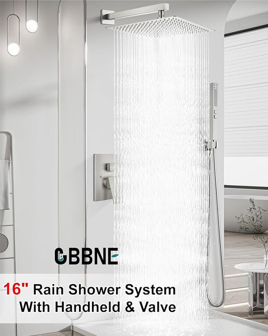 Shower Faucet Set Rainfall Shower System with Square Showerhead and Handle Set Fixture with 2 in 1 Function Handheld Sprayer Wall Mounted Trim Repair Kit Rough-in Valve 16 Inch Brushed Nickel