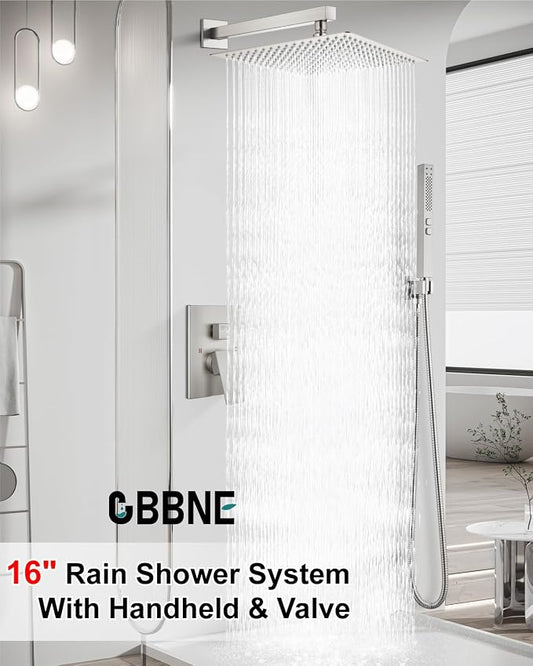 Shower Faucet Set 16-Inch Rain Shower System Brushed Nickel | Square SUS304 Shower Head, Dual-Mode Hand Spray, 59-Inch Hose and Brass Rough-In Valve for a Complete Wall-Mount Installation