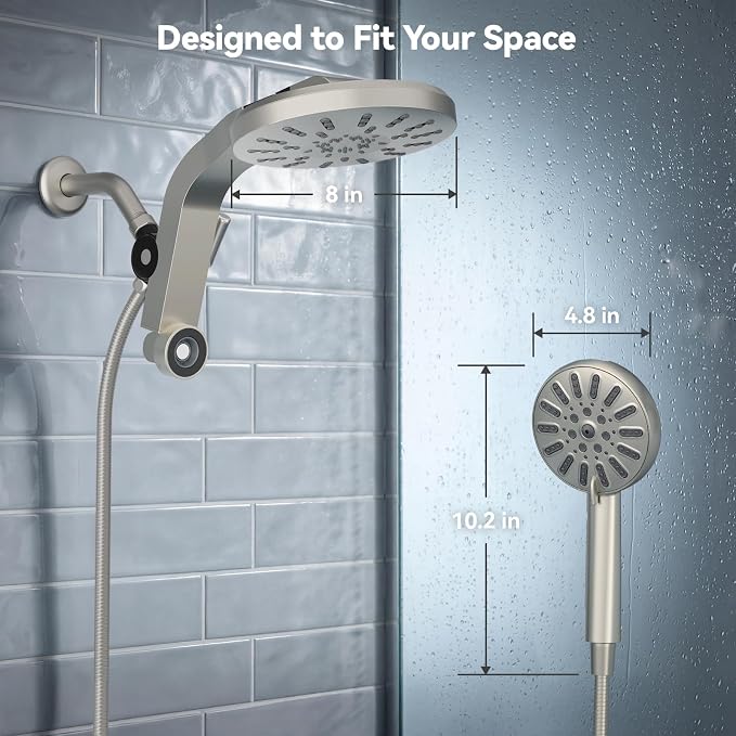 INAVAMZ High Pressure Rain Shower Head Combo with Magnetic Handheld Nickel | Dual Shower System with Rainfall Showerhead and 8-Spray Handheld, Magnetic Dock, Adjustable Angle, Power Jet for Cleaning
